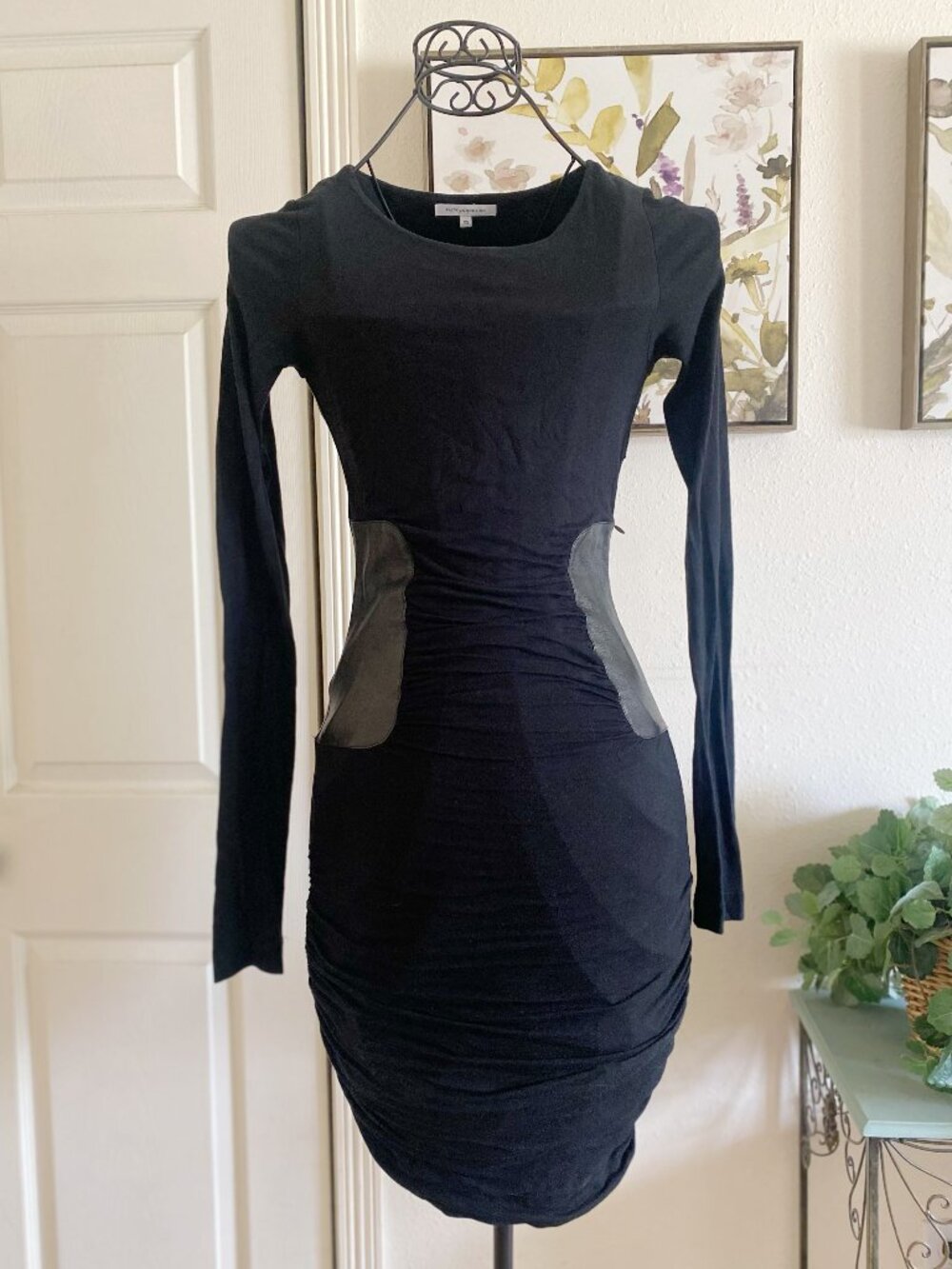 Faith Connexion Black Long Sleeve Ruched Bodycon Dress with Leather Panels